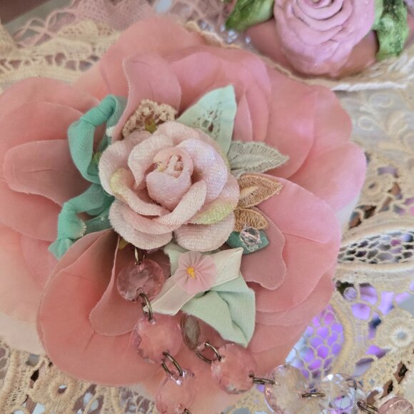 "Pink Shimmer Rose" Handmade Hair Clip - Velvet Rose and Vintage Upcycle Flapper - Picture 6 of 15